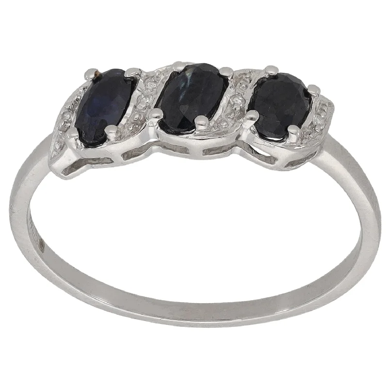 Thin texture rings-9ct White Gold Sapphire & 0.02ct Diamond Dress/Cocktail Ring Size U