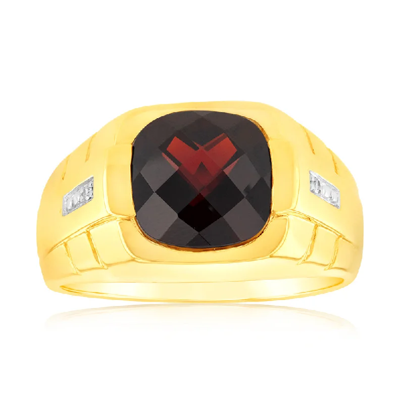 Layered metal rings-9ct Yellow Gold with 1Garnet & Small Diamond Men Ring