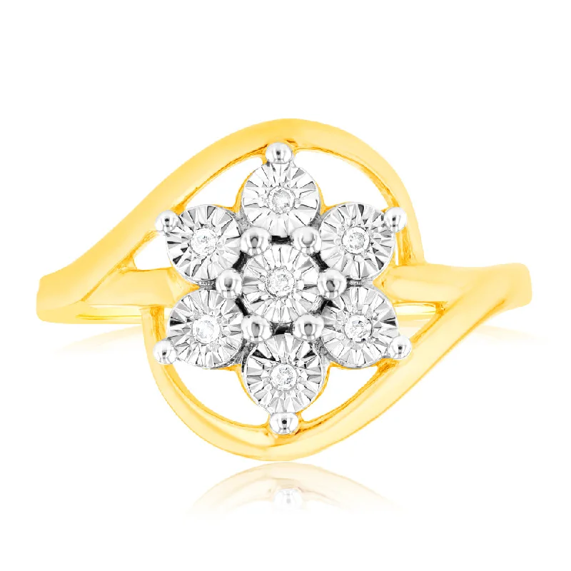 Tide theme rings-Diamond Flower Ring in 9ct Yellow & White Gold