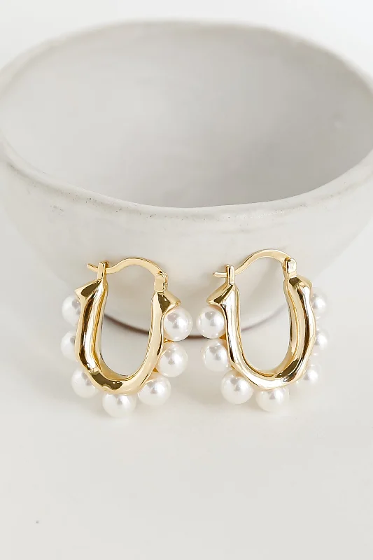 Aged bronze earrings-Sara Gold Pearl Oval Hoop Earrings