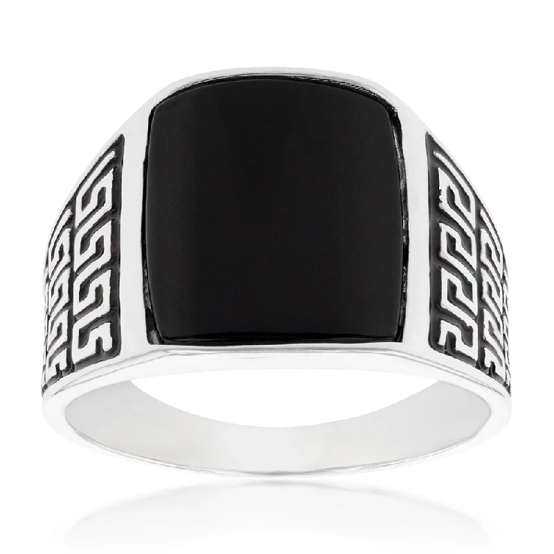 Crow feather rings-Sterling Silver Black Square With Greek Pattern Gents Ring