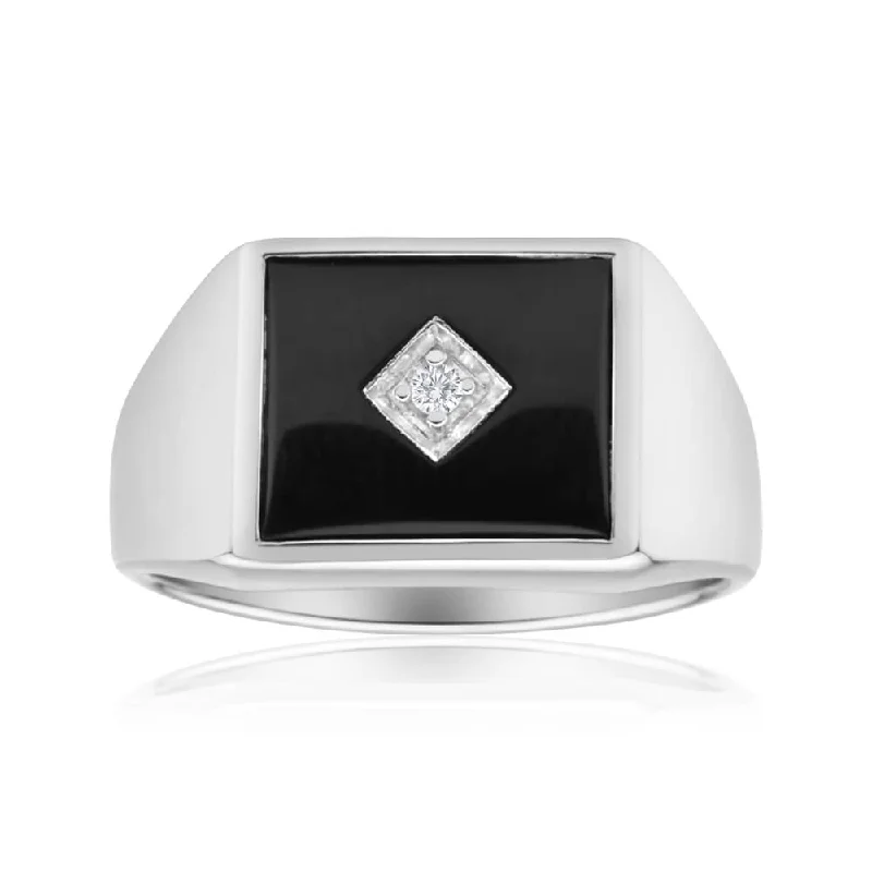 Round gem rings-Sterling Silver Cubic Zirconia + Onyx Classic Ring