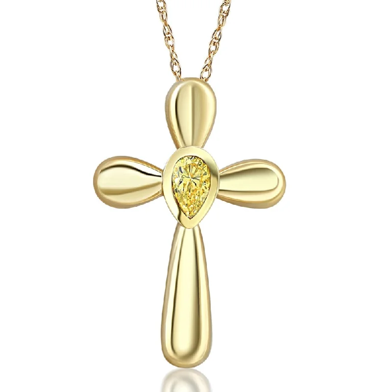 Bead strand necklaces-1/4 ct Yellow Diamond Pear Shape Cross Pendant Lab Grown Yellow Gold Necklace 1"