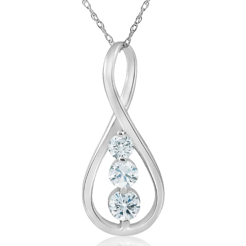 Broad bib necklaces-1/2ct 3-Stone Diamond Infinity Pendant 14k White Gold 1" Tall