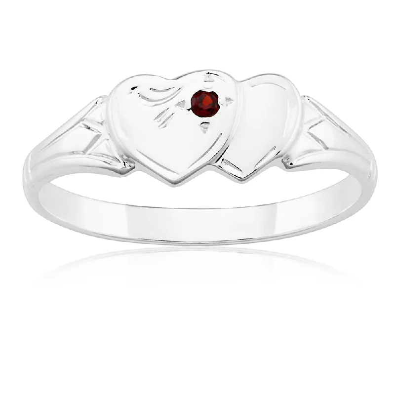 Bright star rings-Sterling Silver Garnet 2Heart Signet Ring Size L