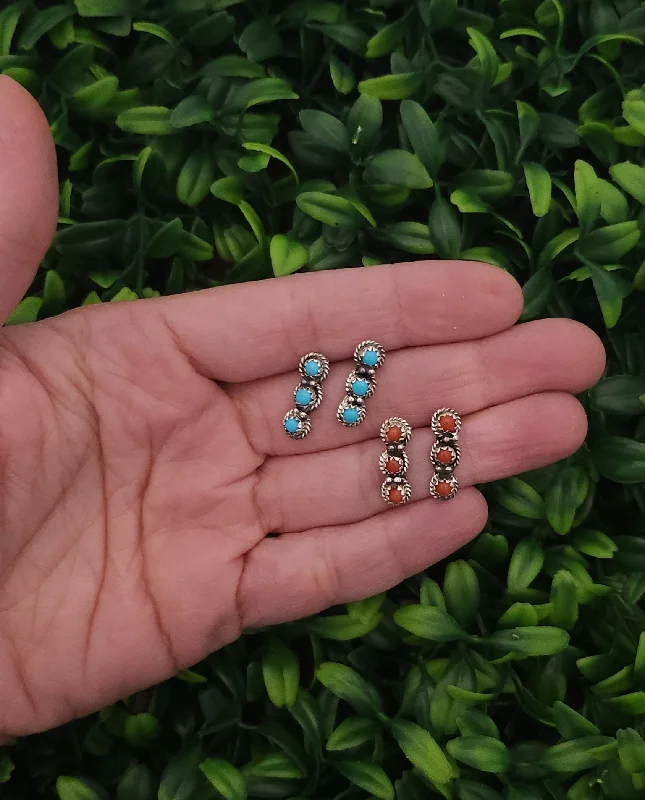 Turquoise slice earrings-Sterling Silver Turquoise & Coral 3 Stone Earrings