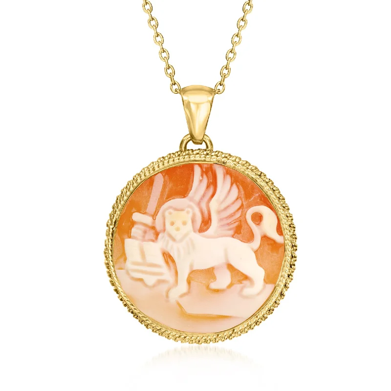 Grand diamond necklaces-Ross-Simons Italian Orange Shell "Lion Of Venice" Cameo Pendant Necklace in 18kt Gold Over Sterling