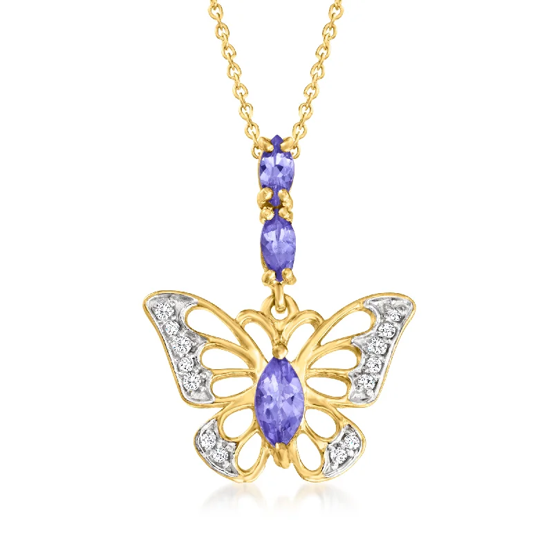 Topaz necklaces-Ross-Simons Tanzanite and . White Topaz Butterfly Pendant Necklace in 18kt Gold Over Sterling