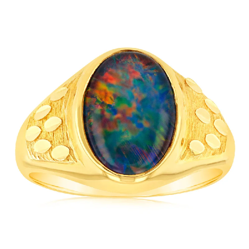 Fine thread rings-9ct Yellow Gold 14x10MM Triplet Opal Gents Ring