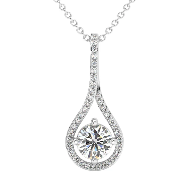 Pure stone necklaces-1 1/10Ct TW Diamond Halo Drop Pendant 14k Gold Necklace Lab Grown 1" Tall