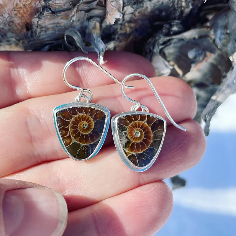 Cool clay earrings-Fossilized Ammonite and Sterling Silver Earrings