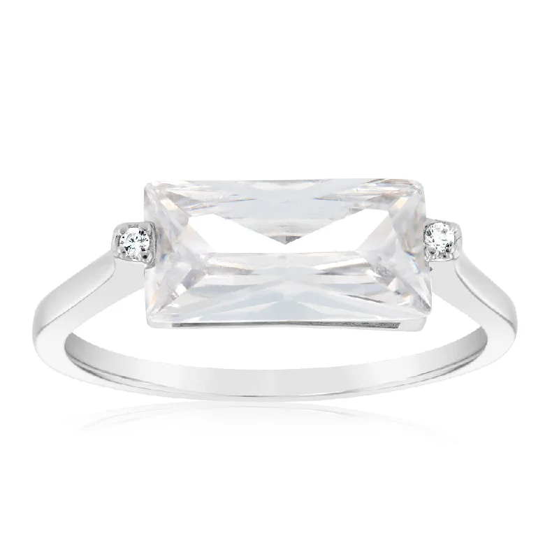 Worn deco rings-Sterling Silver White Rectangular Zirconia Ring