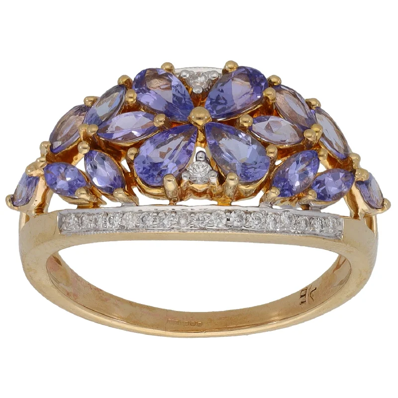 Fine thread rings-9ct Gold Tanzanite & 0.19ct Diamond Dress/Cocktail Ring Size P