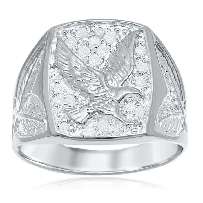 Bead row rings-20 Diamonds Eagle Gents Ring in Sterling Silver