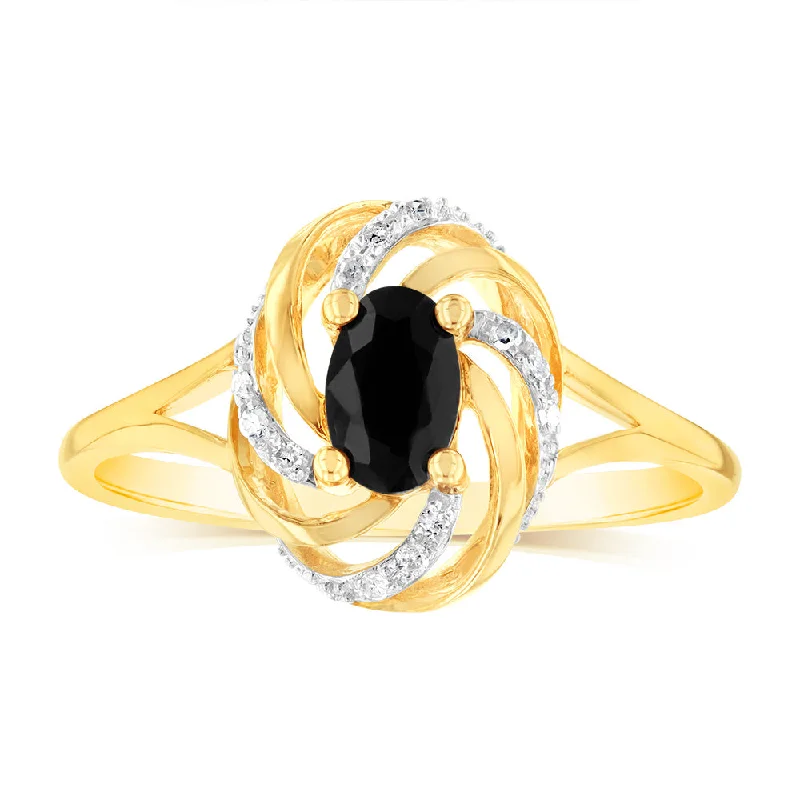 Twig style rings-9ct Yellow Gold 0.65Ct Natural Sapphire Ring in 12 Diamonds