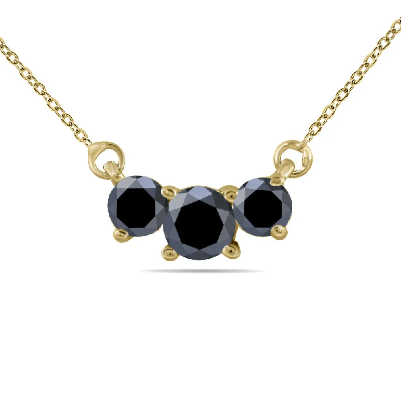 Knot-style necklaces-1 Ctw Natural Black Diamond Three Stone Pendant Necklace In 14K Yellow Gold