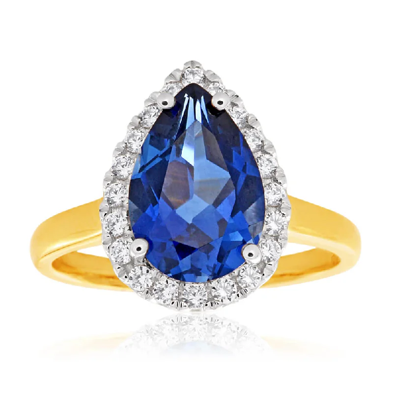 Clustered gem rings-9ct Yellow Gold Pear Shaped Created Sapphire and Cubic Zirconia Halo Ring