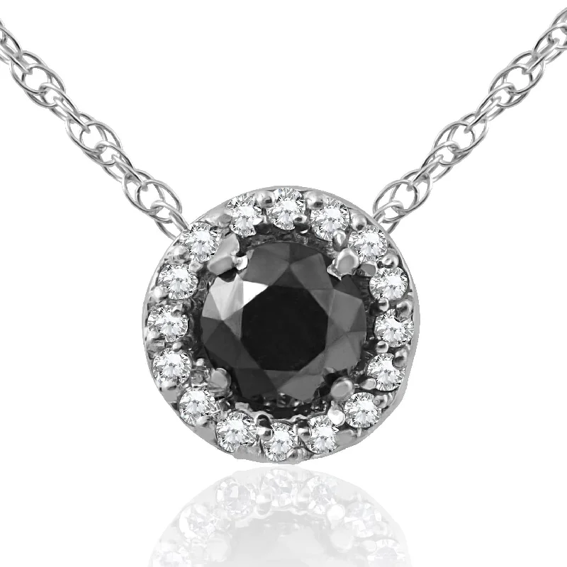 Brilliant pearl necklaces-1/2 ct Black & White Diamnd Pave Halo Solitaire Pendant Necklace 14K Whte Gold