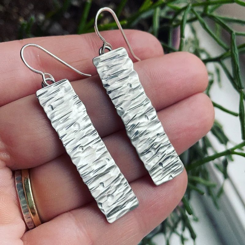 Flat drop earrings-Birch Texture Sterling Silver Earrings