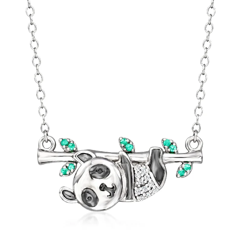 Star charm necklaces-Ross-Simons Diamond and Emerald Panda Necklace in Sterling Silver