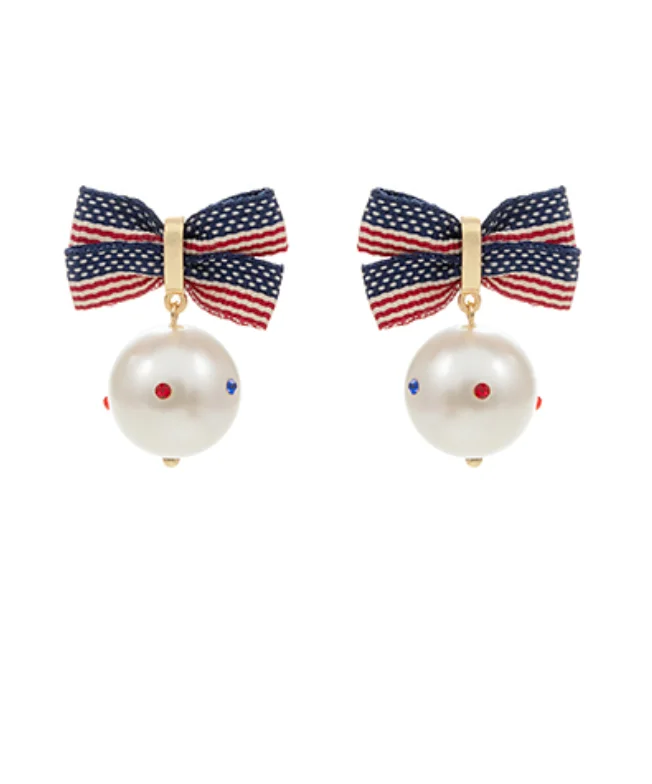 Thin threader earrings-USA Flag Bow Pearl Earrings