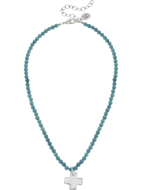 Flat gem necklaces-Cross On Beaded Necklace In Blue