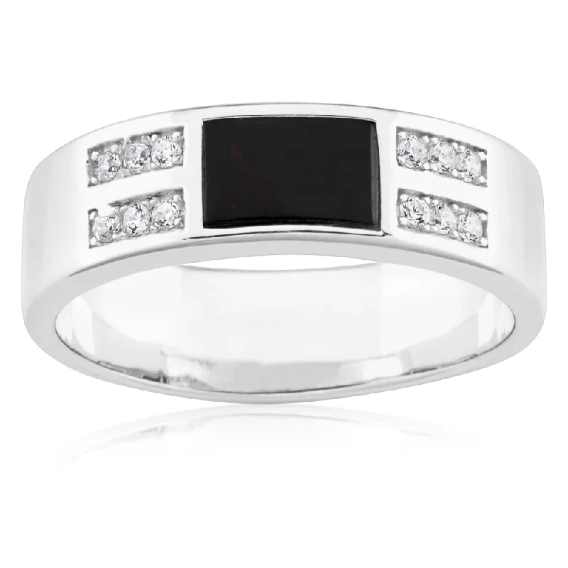 Fold knot rings-Sterling Silver Rectangle Onyx and Zirconia Gents Ring