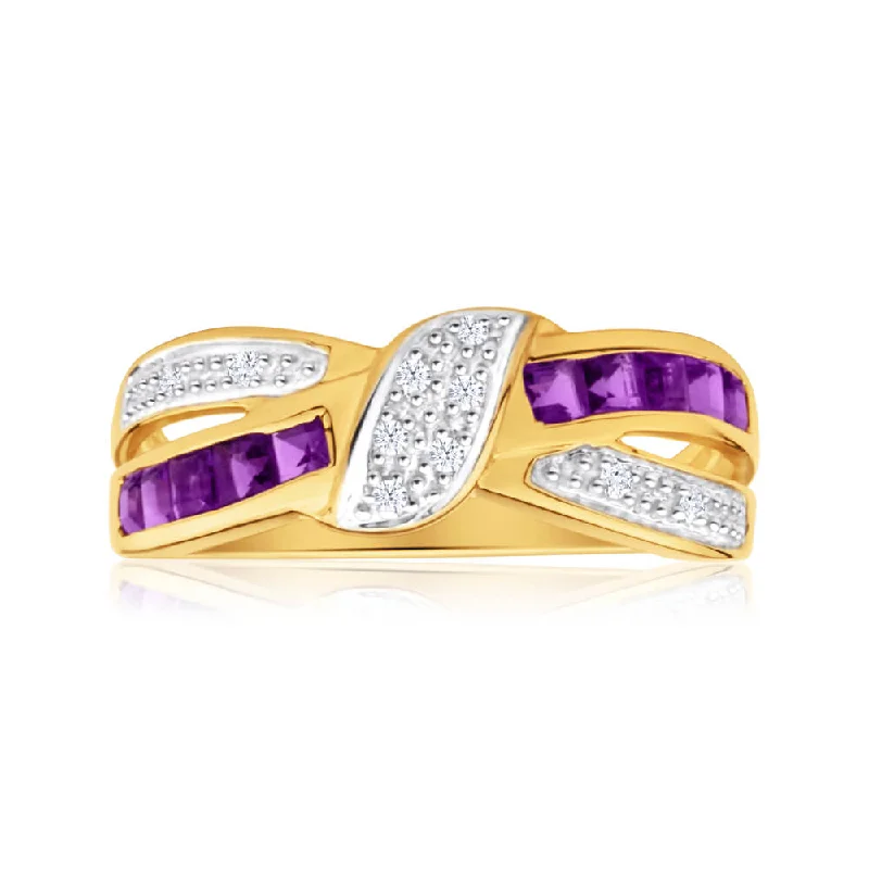 Cord edge rings-9ct Yellow Gold Amethyst and 10 Diamond Cross Over Ring