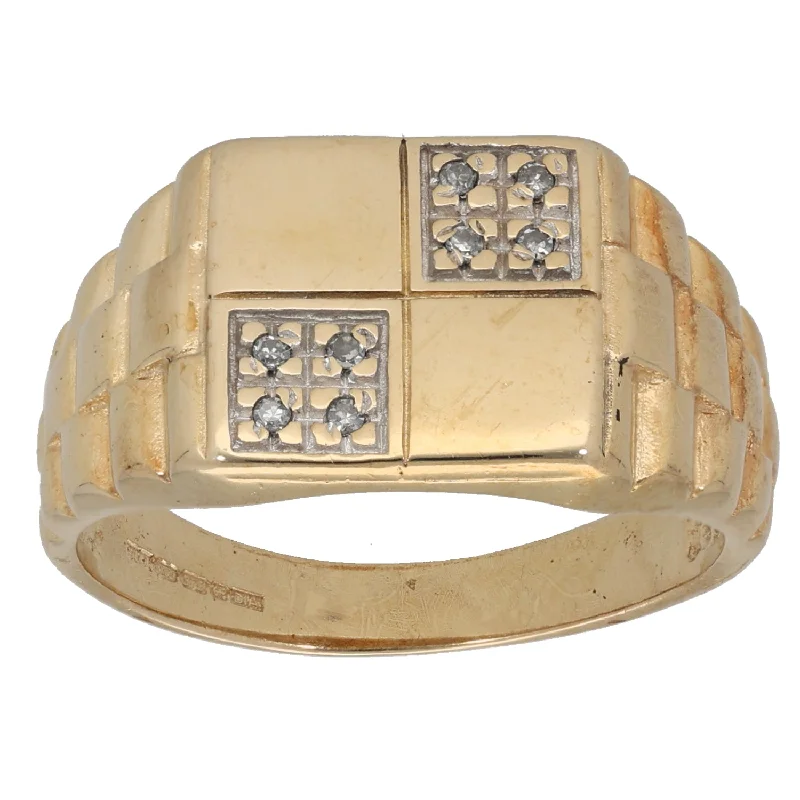 Daisy rings-9ct Gold 0.04ct Diamond Patterned Signet Ring Size U