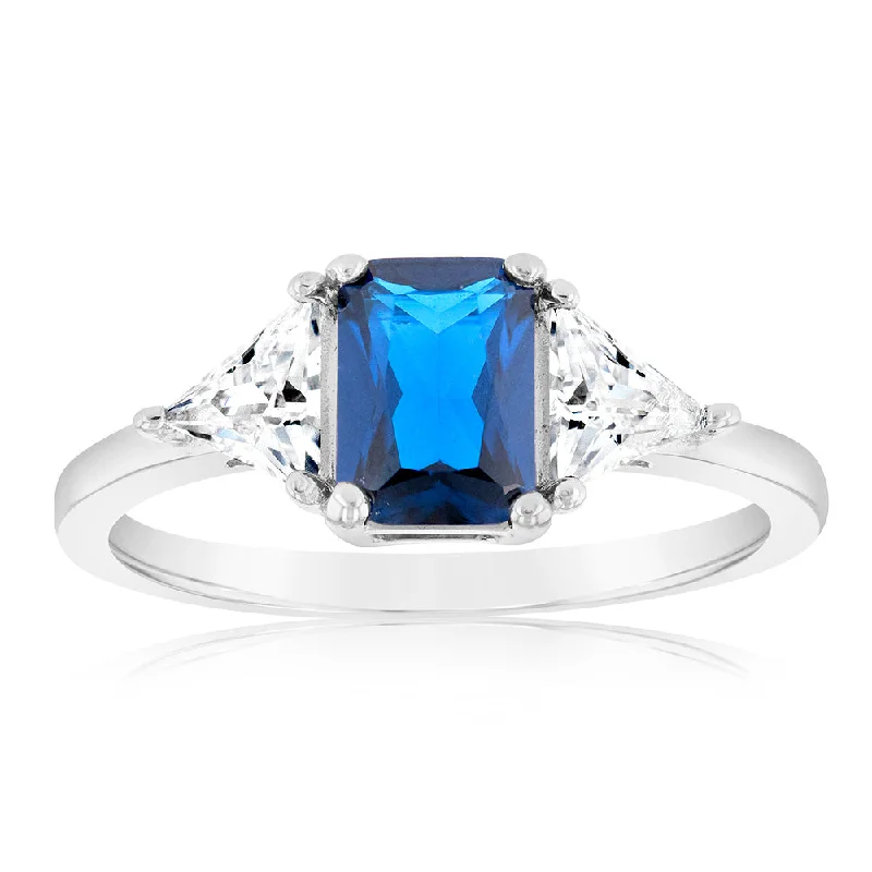 Multi-design rings-Sterling Silver White And Sapphire Blue Zirconia Fancy Ring