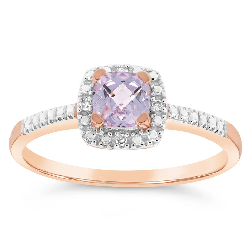 Edwardian style rings-9ct Rose Gold Created Morganite And Diamond Cushion Ring