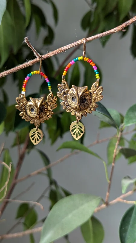 Slim pearl earrings-Rainbow Owls Earrings