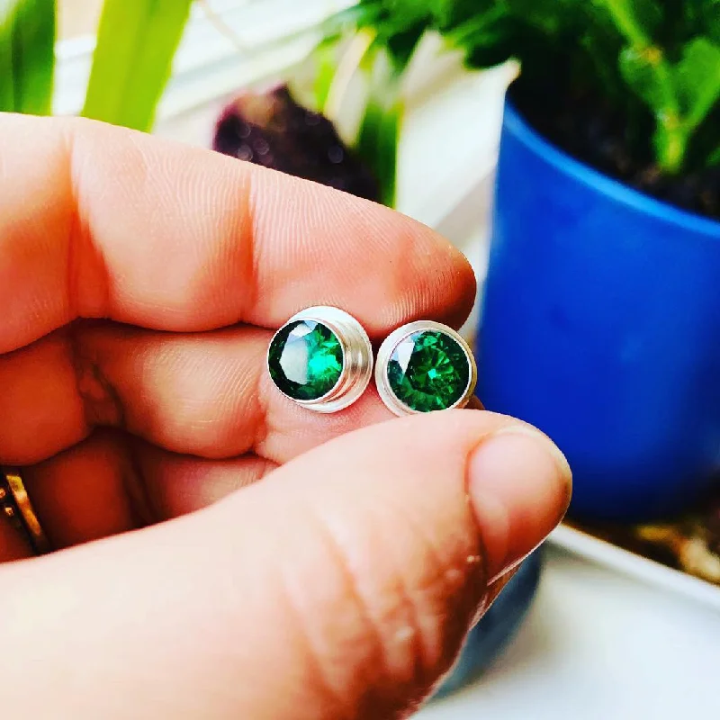 Cool clay earrings-Simulated Emerald and Sterling Silver Posts