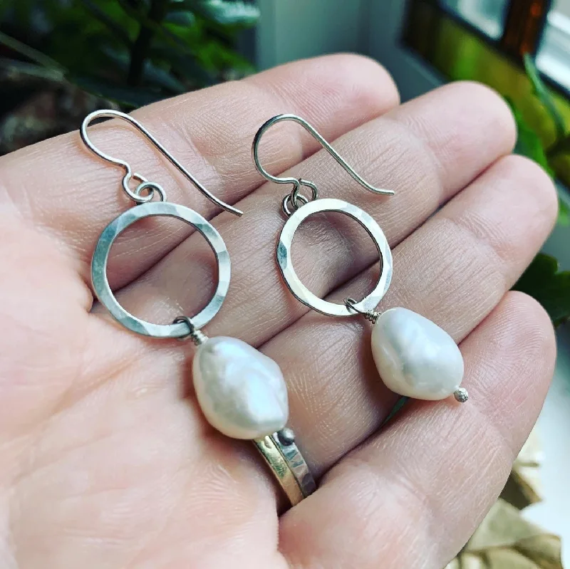 Slim hoop earrings-Pearl and Sterling Silver Earrings