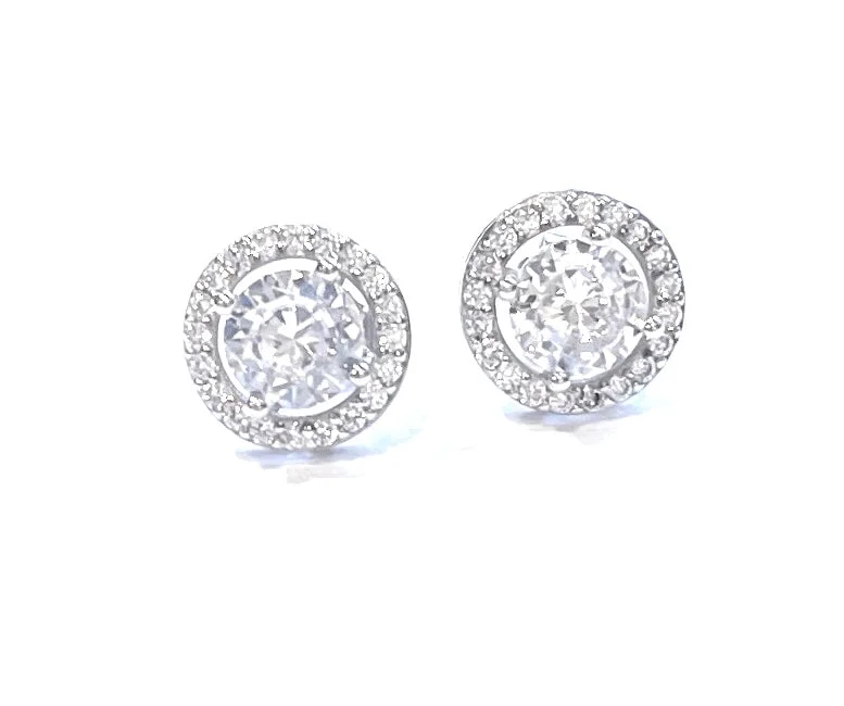 Bead-twisted earrings-Sonya CZ Halo Round Stud Earring