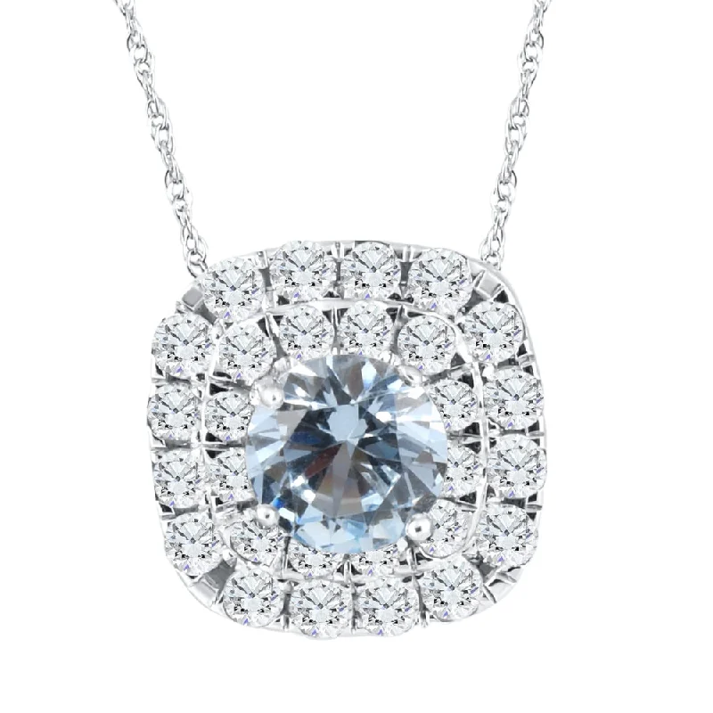 Half crescent necklaces-2 3/4Ct Aquamarine & Diamond Cushion Halo Pendant 10k White Gold Womens Necklace