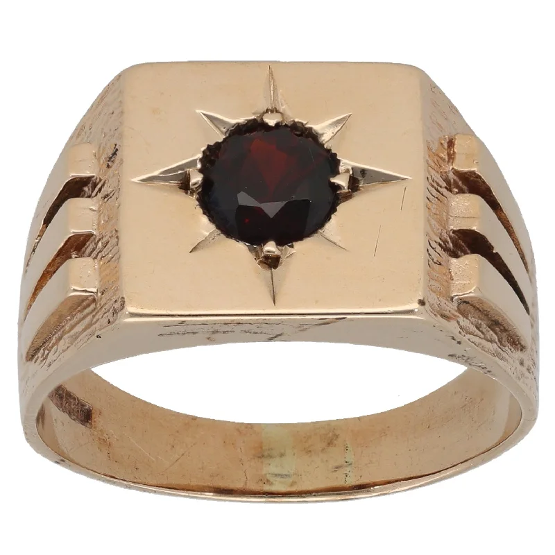 Clear quartz rings-9ct Gold Garnet Patterned Signet Ring Size W