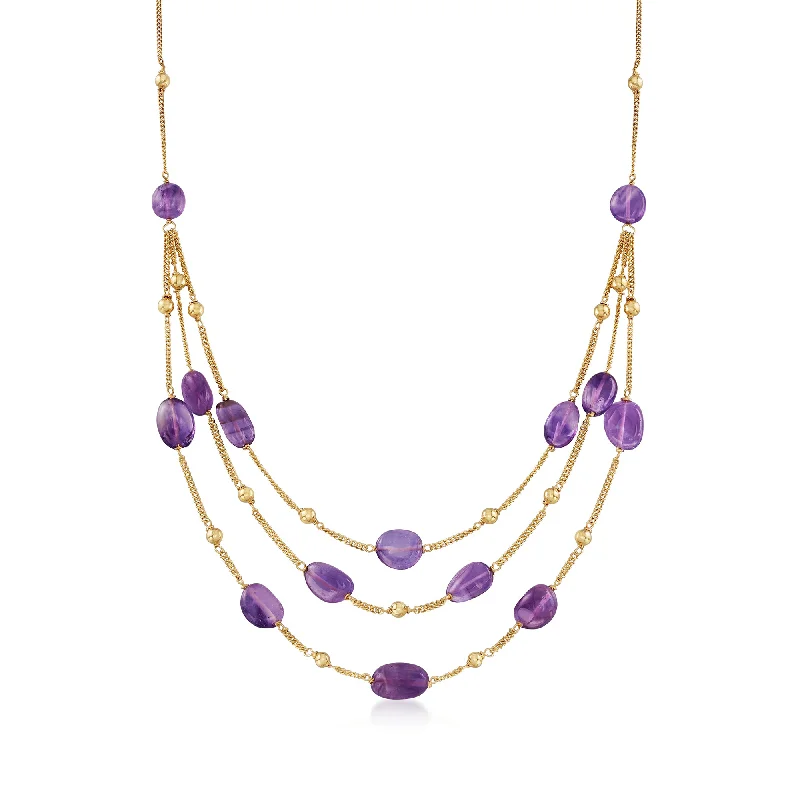 Thin-line necklaces-Ross-Simons Amethyst Bead Station Necklace in 18kt Gold Over Sterling