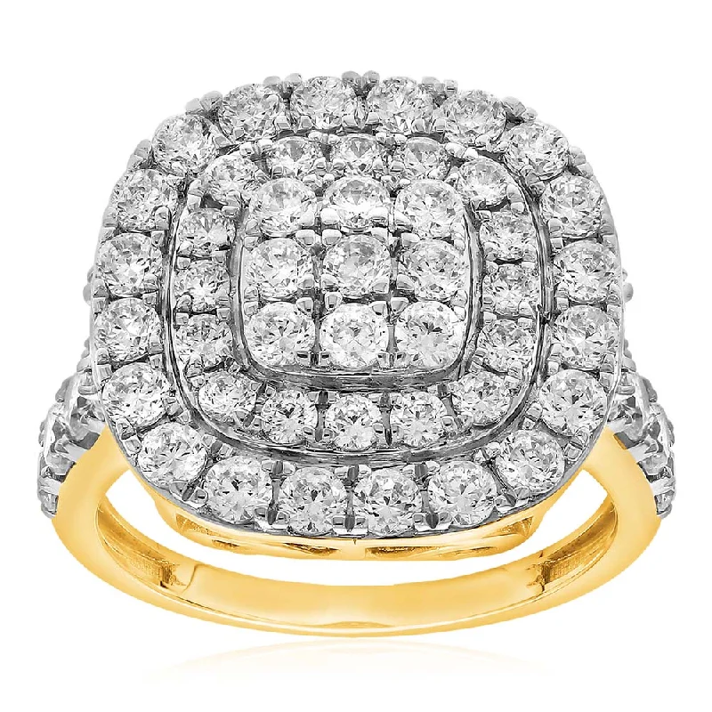 Joy charm rings-9ct Yellow Gold 3 Carat Diamond Cushion Shape Cluster Ring