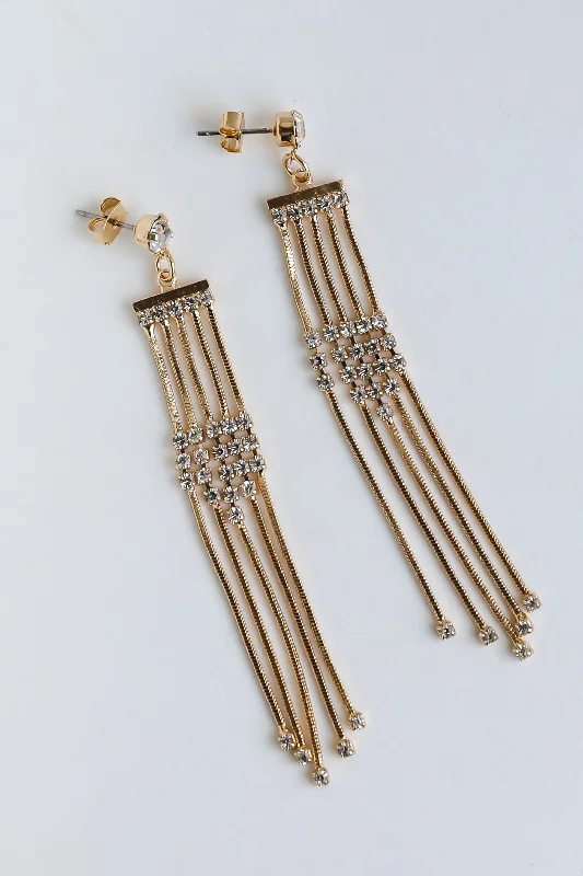 Half crescent earrings-Sophie Gold Rhinestone Fringe Earrings