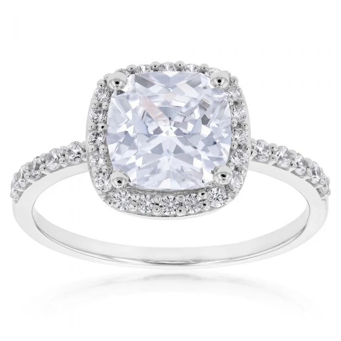 Thin frame rings-9ct White Gold 8mm Cushion Cut Cubic Zirconia Halo Ring