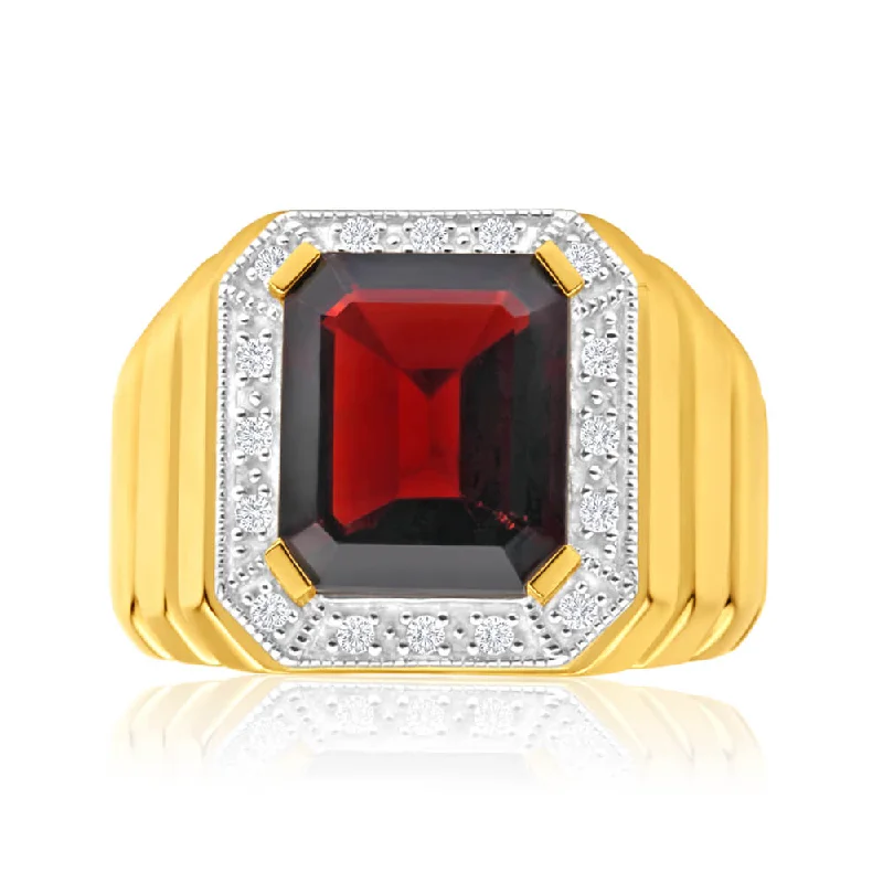 Slim star rings-9ct Yellow Gold 12x10mm Emerald Cut Garnet and Diamond Halo Gents Ring