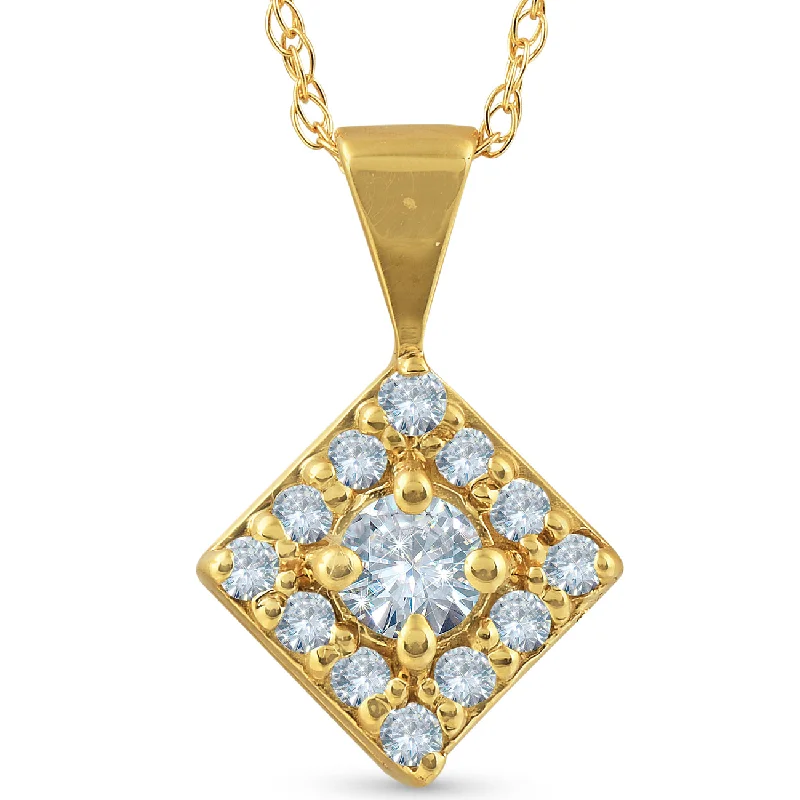 High shine necklaces-1/3ct Diamond Halo Princess Framed Pendant Necklace Solid 14K Yellow Gold