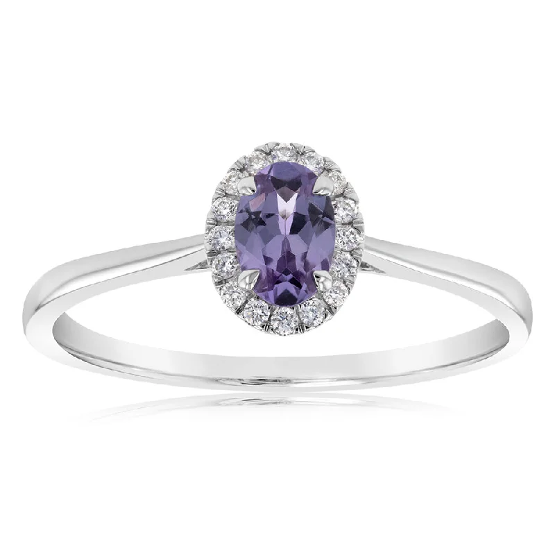 Dual metal rings-9ct White Gold Created Oval Alexandrite & Diamond Halo Ring