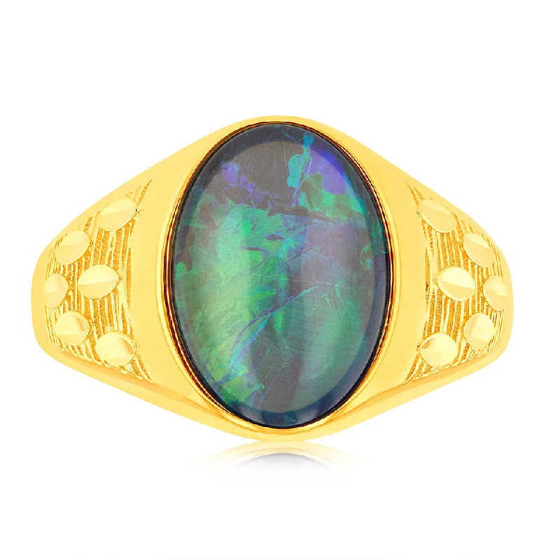 Turquoise inlay rings-9ct Yellow Gold Oval Shaped Opal Ring