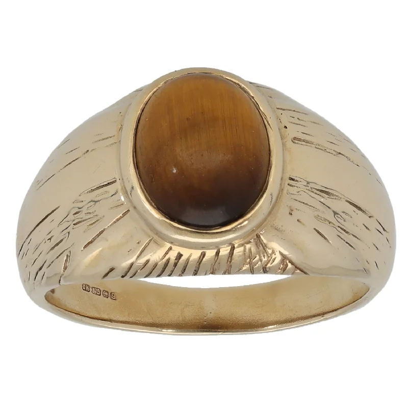 Half crescent rings-9ct Gold Tiger's Eye Patterned Signet Ring Size R