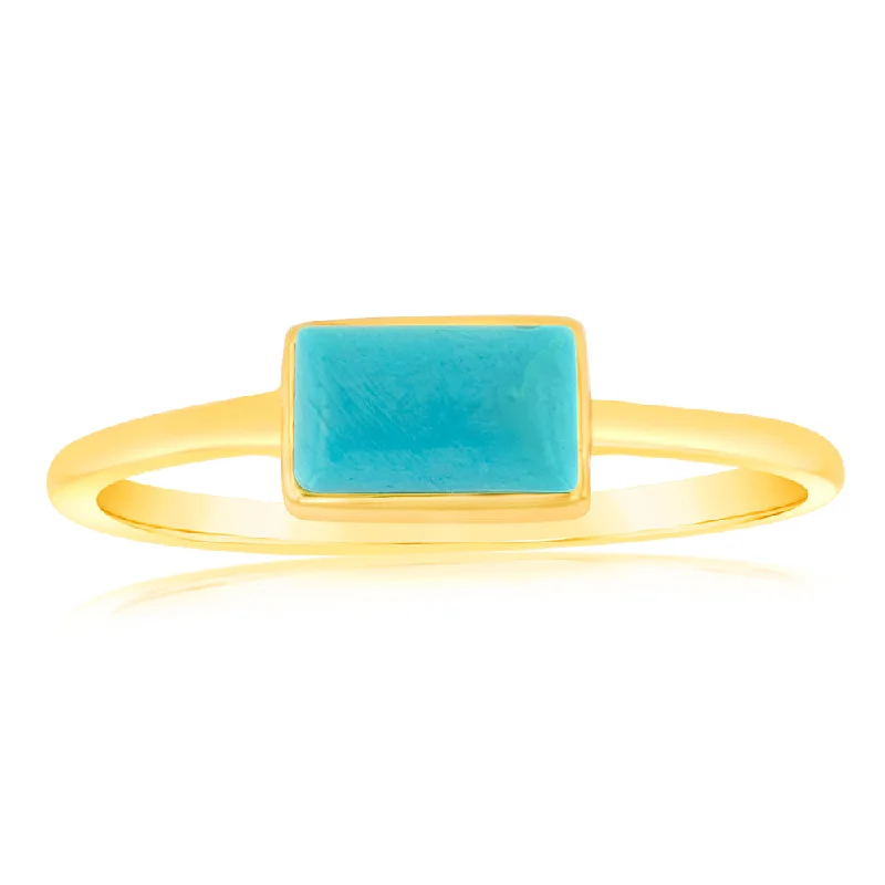 Flax thread rings-Sterling Silver Gold Plated Rectangle Natural Turquoise Ring