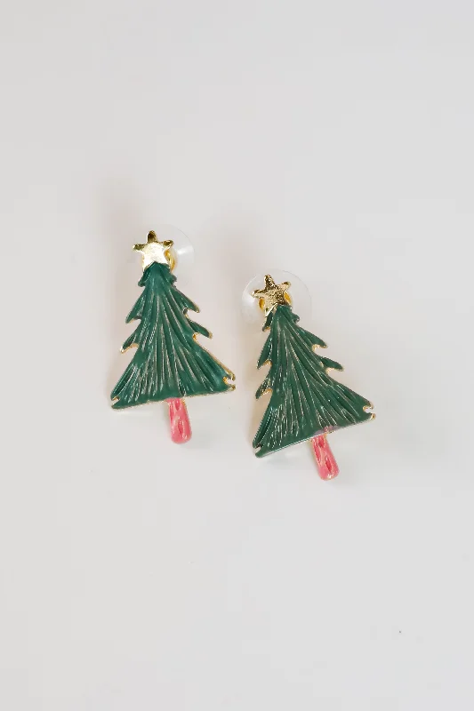 Slim pearl earrings-Belle Green Christmas Tree Stud Earrings