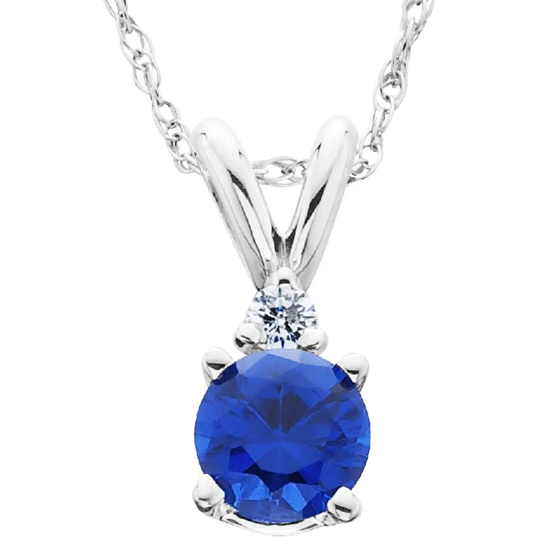 Tight choker necklaces-1/2Ct Synthetic Blue Sapphire & Natural Diamond Solitaire Pendant 14K White Gold