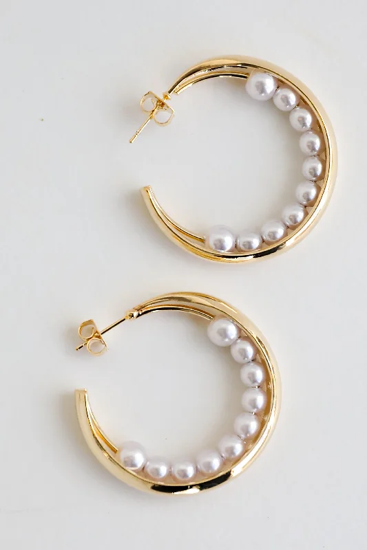 Rope bead earrings-FINAL SALE - Elle Gold Pearl Double Hoop Earrings